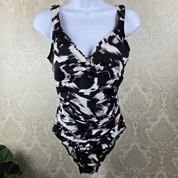 Trimshaper size 12 Black White Abstract Pattern One Piece Swimsuit Wrap Look Top - Picture 1 of 15